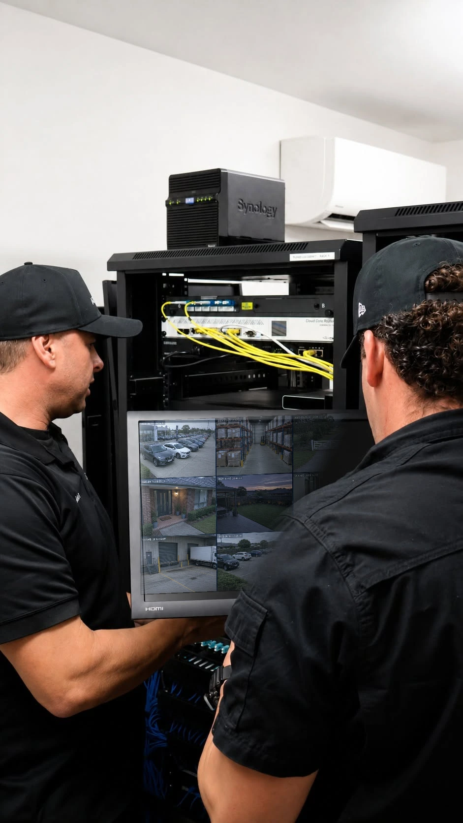 Two Armitage Security technicians working on a rack-mounted recorder and network gear at a Shoalhaven business