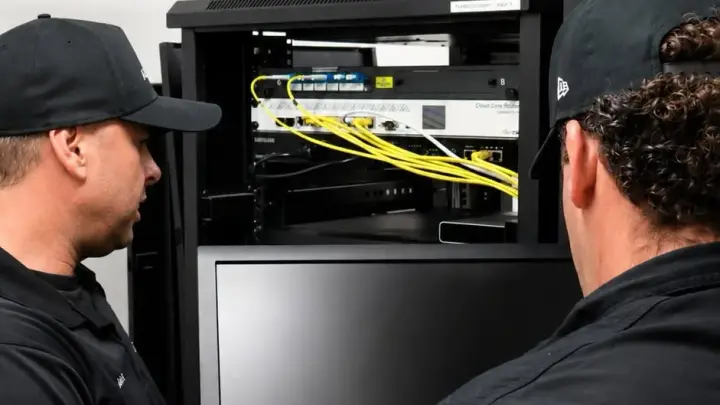 Two Armitage Security technicians fitting a monitor at a comms rack
